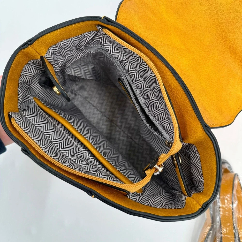 Mustard Yellow Faux Leather Convertible Backpack Crossbody HandBag Gold Hardware